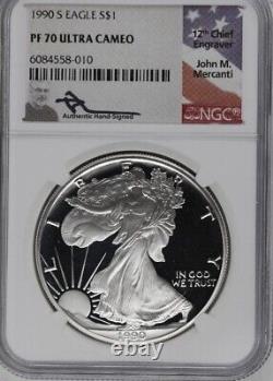 1990 S Proof American Silver Eagle NGC PF70 Ultra Cameo Mercanti Signed