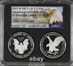 % 2 COIN SET 2021 W NGC PF70, PROOF SILVER EAGLE, TYPE 1 and 2 Eagle Black