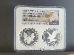 %% 2 COIN SET 2021 W PROOF SILVER EAGLE, TYPE 1 & 2 NGC PF70UC, Eagle/Mtn