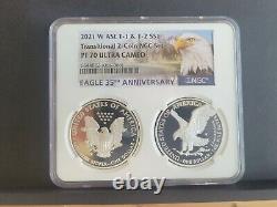 %% 2 COIN SET 2021 W & S PROOF SILVER EAGLE, TYPE 1 & 2 NGC PF70UC, Eagle/Mtn