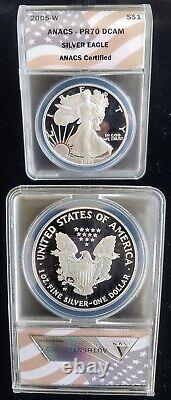 2005-W American Proof Silver Eagle $1 ANACS Certified PR70 Flag Label 24423
