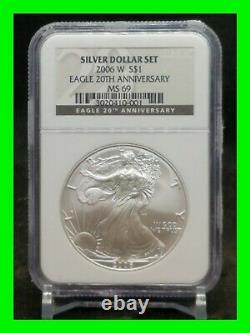 2006 W S $1 Silver Eagle 20th Anniversary Silver Dollar Set NGC MS 69