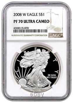 2008 W $1 Proof Silver American Eagle 1-oz NGC PF70 UC Ultra Cameo Brown Label
