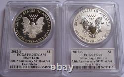 2012-S PCGS PR70 First Strike PROOF & REV PROOF SILVER EAGLE 2-COIN SET Mercanti
