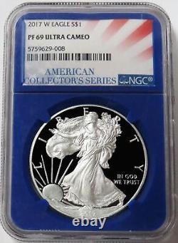 2017 W Proof American Silver Eagle $1 Dollar 1 Oz Coin Ngc Pf 69 Uc Blue Core