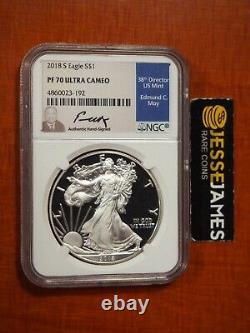 2018 S Proof Silver Eagle Ngc Pf70 Ultra Cameo Edmund Moy Hand Signed Blue Label