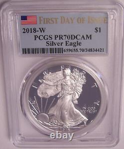 2018-W $1 PCGS PR70DCAM First Day of Issue Flag Silver Proof American Eagle FDI