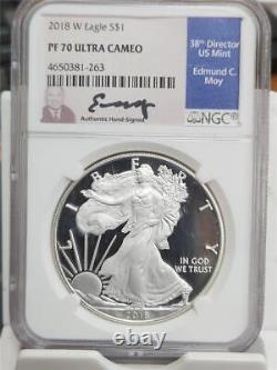2018 W Proof Silver Eagle Ngc Pf70 Ultra Cameo Edmund Moy Hand Signed Blue Label