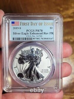 2019-S PCGS PR70 FDOI First Day of Issue ENHANCED REVERSE PROOF SILVER EAGLE CoA