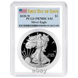 2020-W Proof $1 American Silver Eagle PCGS PR70DCAM FDOI Flag Label White Frame