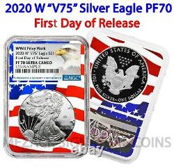 2020 W V75 Privy Mark $1 Silver Eagle NGC PF70 FDOR Flag Core End of WWII