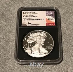 2020 W V75 SILVER EAGLE WWII NGC PF70 UCAM MERCANTI Signed First Day Issue BC