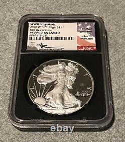 2020 W V75 SILVER EAGLE WWII NGC PF70 UCAM MERCANTI Signed First Day Issue BC