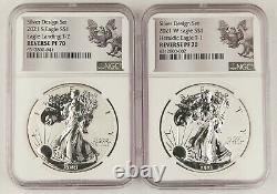 2021 $1 Reverse Proof American Silver Eagle 2 Coin Designer Set NGC PF70 T1 & T2