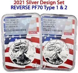 2021 Reverse Proof Pf70 Silver Eagle Two Coin Designer Set Flag Core T1 & T2