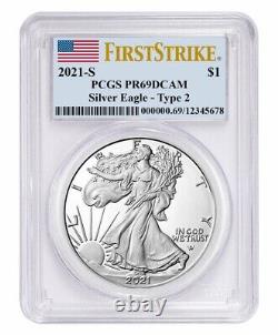 2021 S Proof American Silver Eagle Type 2 PCGS PR69 DCAM FS Flag Label withBox&COA