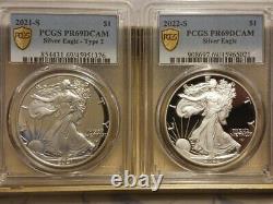 2021-S and 2022 S Silver Eagle Type 2 grade PROOF 69 DCAMEO