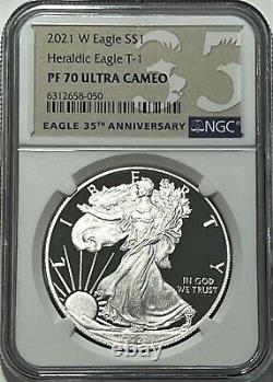 2021 W $1 T-1 Ngc Pf70 Ultra Cameo Proof Silver Heraldic Eagle Great Eye Appeal