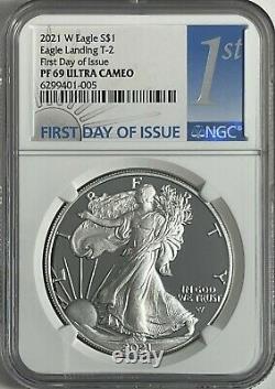 2021 W $1 T-2 Ngc Pf69 Fdi Ultra Cameo First Day Proof Silver Eagle Landing T-2