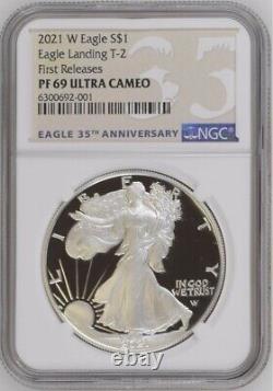2021 W PROOF SILVER EAGLE, EAGLE LANDING TYPE 2, NGC PF69UC FR, 35th ANNIV LABEL