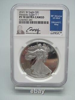 2021-W Proof Silver Eagle T-1 Heraldic Eagle NGC PF 70 Edmund C Moy Signed Label
