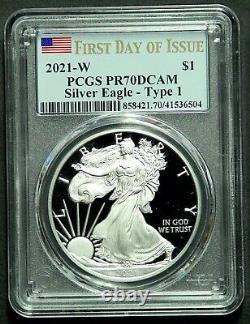 2021 W Type 1 American Silver Eagle PCGS PR70DCAM First Day Issue Last Heraldic