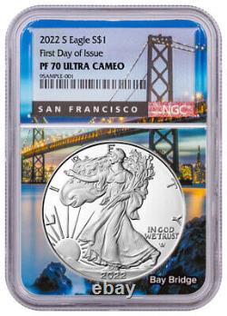 2022 S $1 Proof American Silver Eagle NGC PF70 UC FDOI Bay Bridge Core & Label