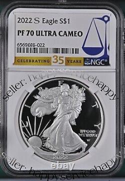 2022 S PROOF SILVER EAGLE, NGC PF70UC FIRST RELEASES 35th year LABEL