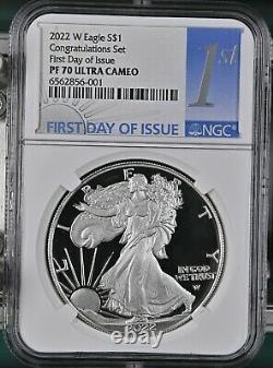 2022 W NGC PF70 $1 FIRST DAY OF ISSUE Silver Eagle Congratulations Set FDI %%