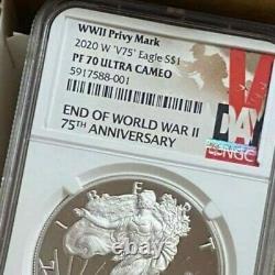 NGC PF70 2020 W END of WORLD WAR II 75th SILVER AMERICAN EAGLE V75 in hand