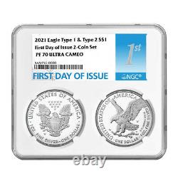 Presale 2021-W Proof $1 Type 1 and Type 2 Silver Eagle Set NGC PF70UC FDI Firs
