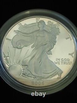 USA Proof 2005 W. 999 American Eagle Silver Dollar with COA & Box. Hints of gold
