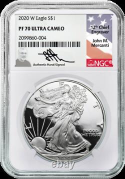 1986 - 2020 Silver Eagle Ngc Pf70 2-coin Set John Mercanti Signé Avec Acajou