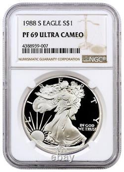 1988 S $1 Épreuve Aigle en argent américain 1 oz NGC PF69 Ultra Cameo Étiquette brune