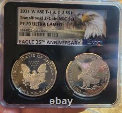 %2 Coin Set 2021 W Eagle Proof Silver, Type 1 & 2 Ngc Pf70uc, Eagle/mtn