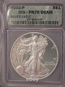 2000-p Pr70 Dcam Icg Certifié American Silver Eagle Dollar Deep Cameo Proof