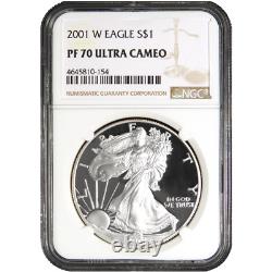 2001-w Proof $1 American Silver Eagle Ngc Pf70uc Marron Étiquette