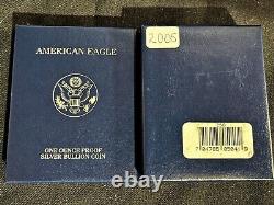 2005w US MINT. 999 ARGENT PREUVE PIECE AMERICAN EAGLE UNE (1) ONCE + BOÎTE/ÉTUI/COA