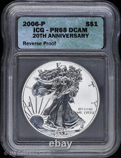 2006-p $ 1 Preuve Inversée American Silver Eagle Icg Pr 68 Dcam 20e Anniversaire