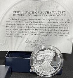 2007 W Us Mint. 999 Silver Proof Coin American Eagle One (1) Ounce +boîte/étui/certificat d'authenticité