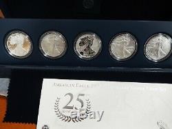 2011 P Preuve Inversée Silver Eagle 5 Coin 25e Anniversaire W Set Box / Coa S W