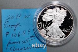 2011 W American Silver Eagle Proof Coin Seulement Pas de Boîte 1 once d'argent fin 25e Anniversaire