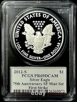2012 S Silver Eagle Pcgs Pr69dcam 75th Anniversary Sf Mint Set Mercanti Signé