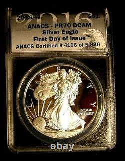 2016-w Pr70 Dcam Anacs Fdoi 30e Anniversaire Silver Eagle Proof