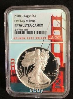 2018 S Silver Eagle Premier Jour De L’émission Pf70 Ultra Cameo Bridge Label Core Ngc