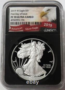 2019 W Proof American Silver Eagle $1 Premier Jour 1oz Coin Ngc Pf 70 Uc Retro Fdoi