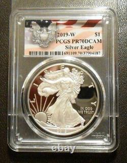 2019-w Preuve Aigle américain en argent PCGS PR70DCAM $1 Coin Étiquette d'aigle du drapeau