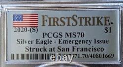 2020 Aigle d'argent émission d'urgence frappée à San Francisco PCGS MS70 1er coup