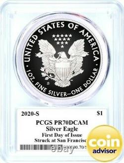 2020 S $1 Proof Silver Eagle Pcgs Pr70 Premier Jour De L’émission Mercanti Signature