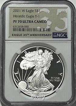 2021 W $1 T-1 Ngc Pf70 Ultra Cameo Proof Silver Heraldic Eagle %100 Appel Oculaire